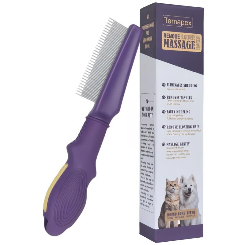 TemApex Pet Comb for Dogs & Cats with Long & Short Stainless Steel Metal Teeth For Shedding and Tangles, Non-Slip & Anti-Static Rubber Handle, Safe & Gentle Pet Grooming Comb - Image 1